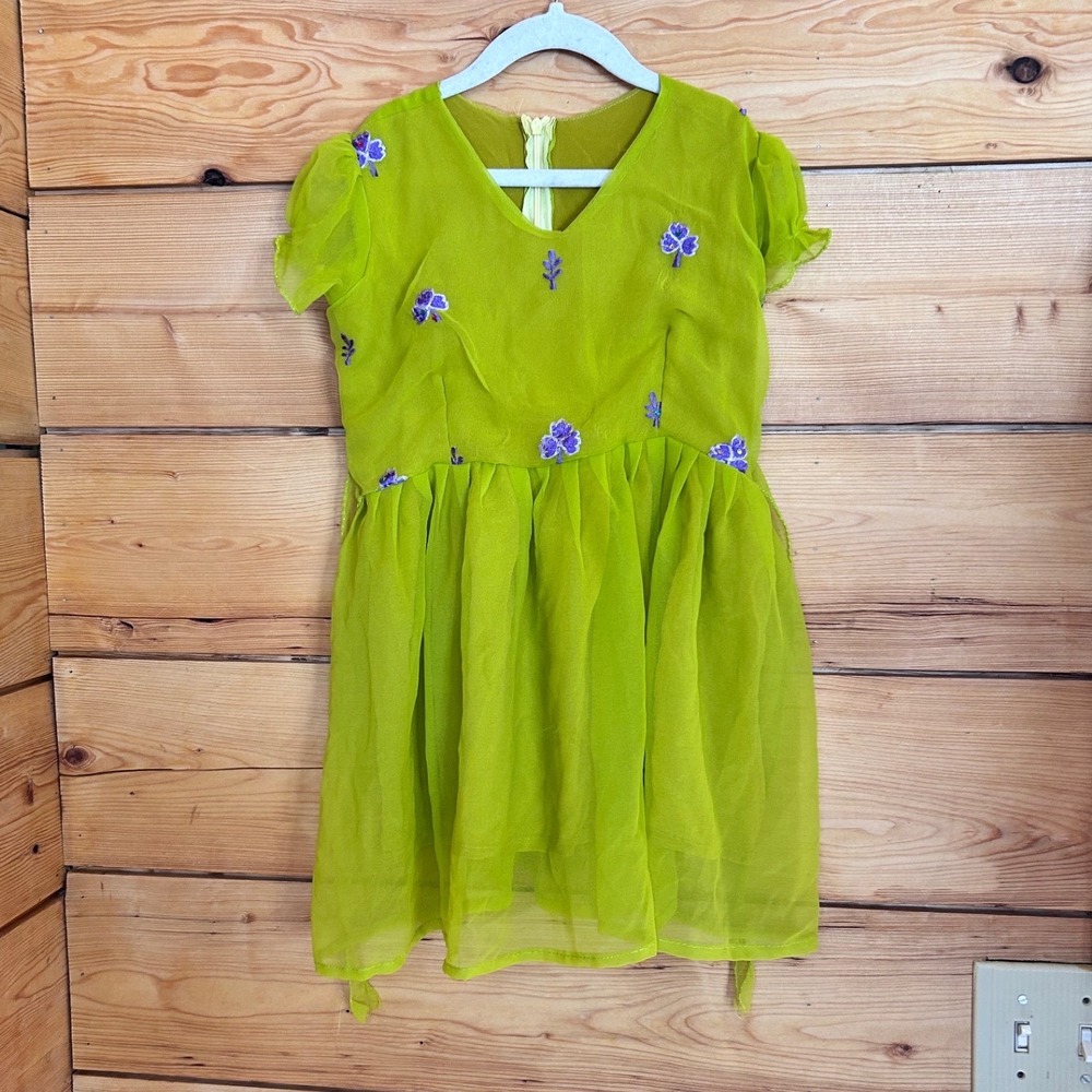 Vintage Silk Dress Girls Medium Chartreuse Lime Green Floral Beaded Handmade